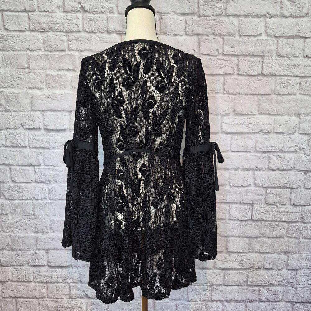 Free People Ruby Lace black mini dress bell sleeves fit flare round neckline  XS - Picture 7 of 10